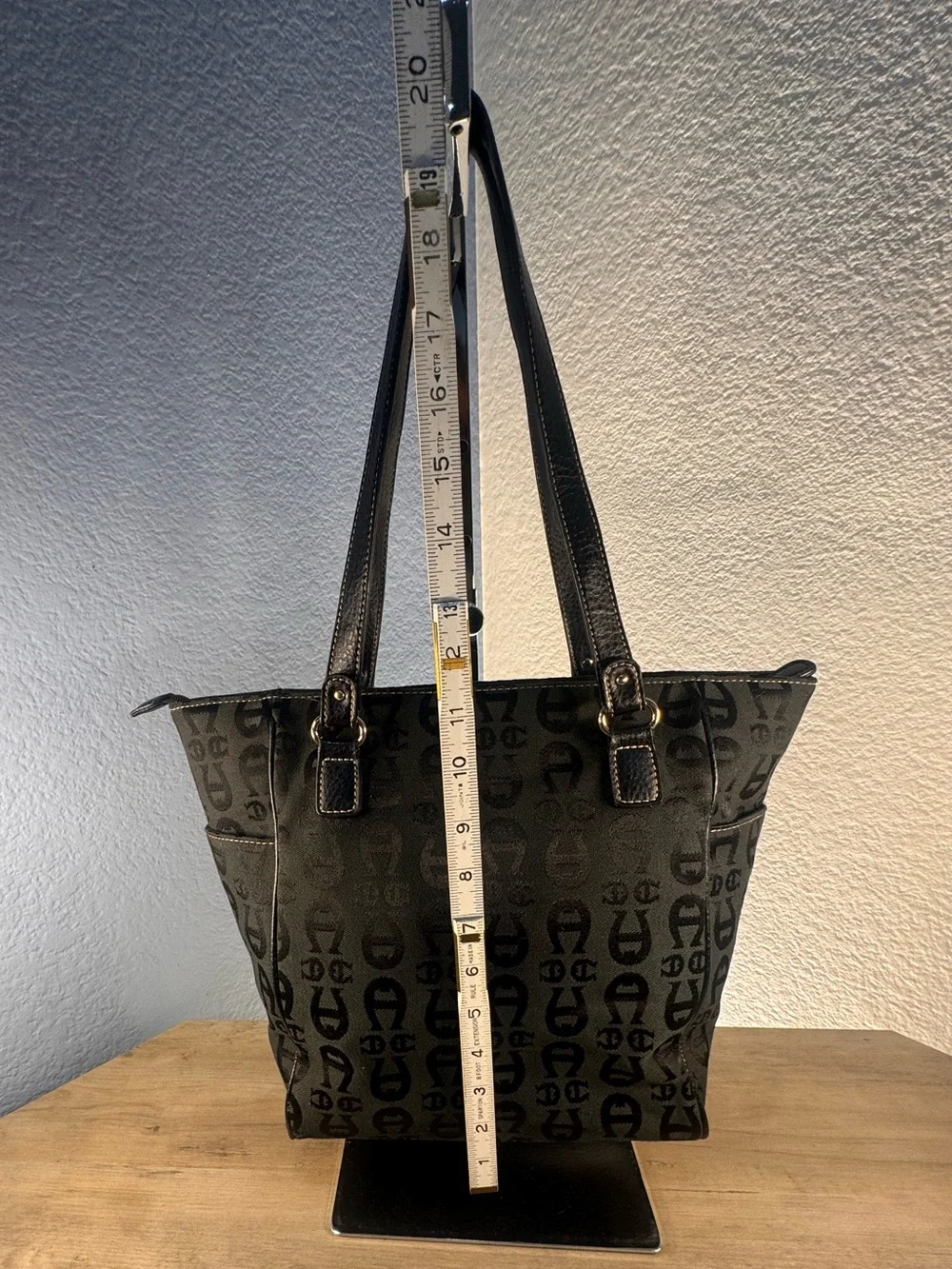Etienne Aigner Monogram Canvas Tote Black Gray Leather Trim Gold Stitching